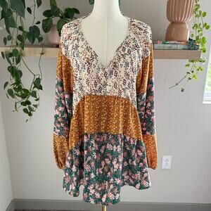 Patchwork Long Sleeve V Neck Blouse L Boho Lagenlook Cottagecore Fall Lagenlook
